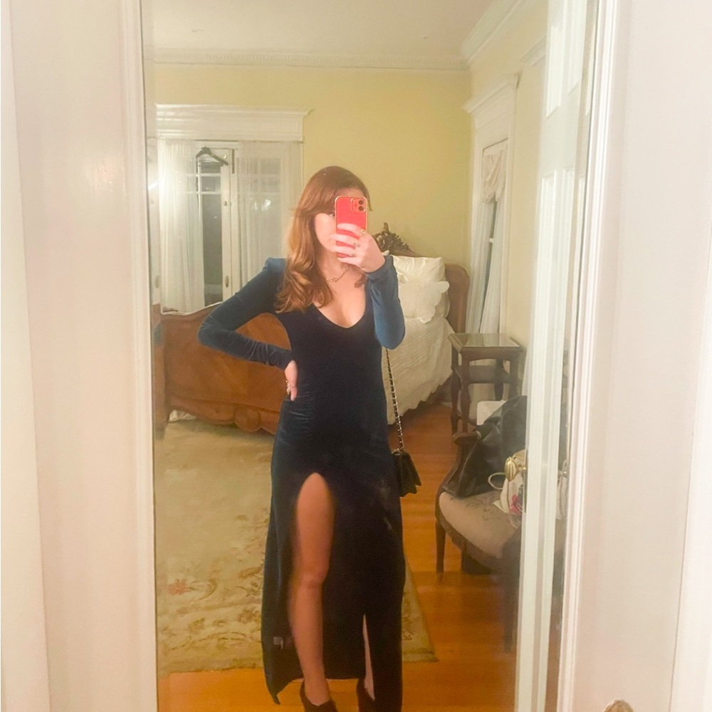 Fashion Nova - green velvet long sleeve slit dress with shoulder pads. Wore once